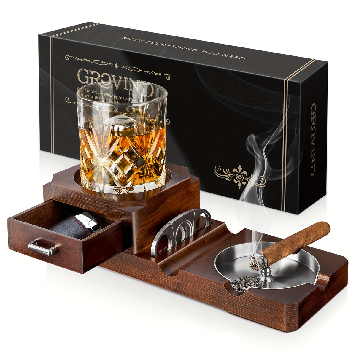 1pc Cigar Ashtray, Whiskey Glass Tray And Wooden Ashtray, Removable Outdoor Ashtray, Cigar Accessories Gift Set With Cigar Clippers, Great Decorations For Home Office, Cigar Gifts For Men