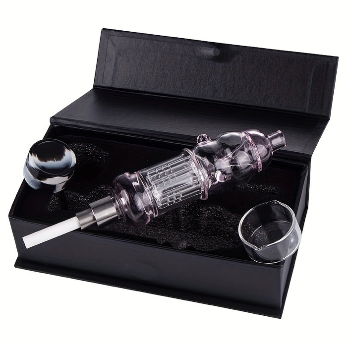 1set Portable Box Smoking Pipe 510 Titanium Ceramic Quartz Nail Wax Dish OD 32mm Arm Tree Perc Colorful Dab Rig Glass Water Bong About 5.36 Inches Tube Bubbler