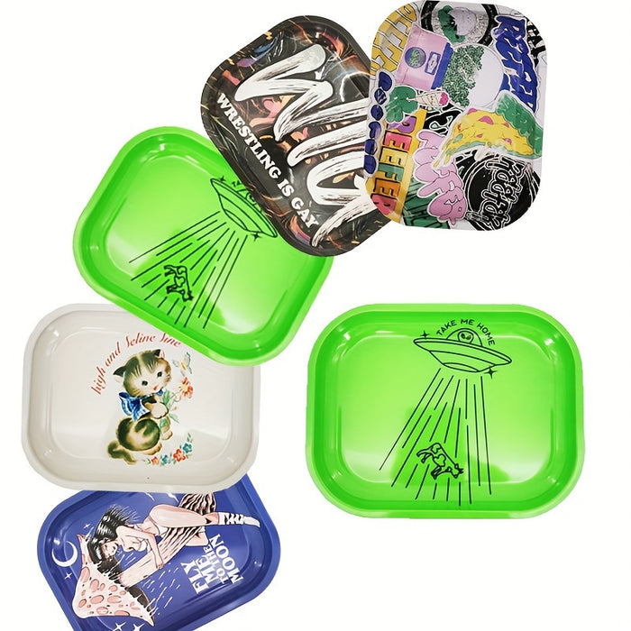1pc, Creative Pattern Rolling Tray, Metal Rolling Tray, Durable Household Multipurpose Tray, Wake Up Tray, Fruit Plate, Dessert Tray, Home Decor, Christmas Gifts, Halloween Gifts