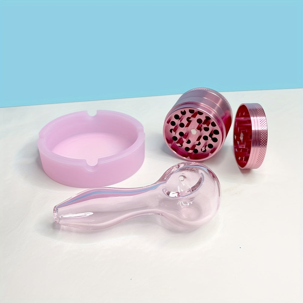 1 Set, Smoking Pipe Pink Set, Pink Manual Smoke Herb Grinder, Pink Glass Pipe, Pink Ashtray, Pipe Gift Set Pink Pipe Pink Bowl, Smoking Accessories