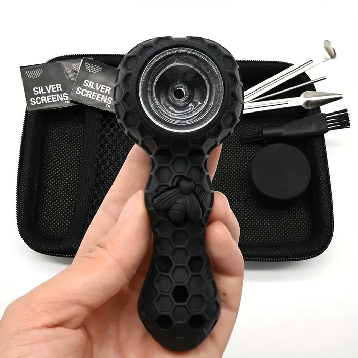1set, Black Samurai Silicone Set With Silicone Tubes, Spoon Tubes, Cigarette Supplies, Tobacco Gifts Include Cleaner, 10pcs Tobacco Net Metal Filters