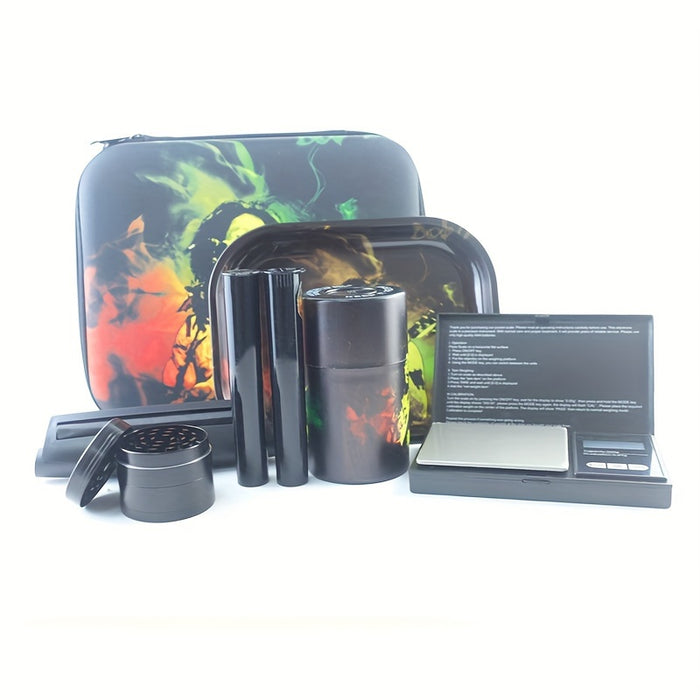 8pcs/set, Creative Pattern Smoking Set - Spice Grinder, Rolling Tray, Rolling Machine, Pre-rolled Cones Storage Tube, Storage Jar, Portable Storage Bag - Household Gadget, Christmas Gifts, Halloween Gifts