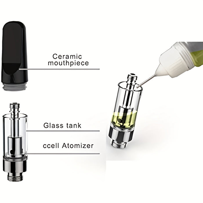 1pc CBD Oil Vape Tank Glass Refillable Vape Cartridge (0.5ml) | 510 Atomizer Ceramic Dual Coil Atomiser With Ceramic Mouthpiece (510 Thread) For CBD And Thick Oil Black[No Nicotine]