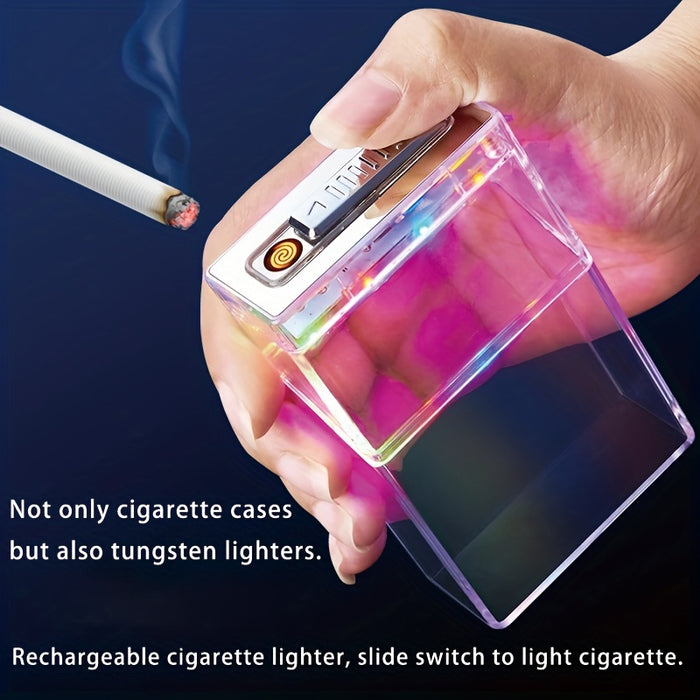 1pc, 2 In 1 Cigarette Case & Lighter, USB Rechargeable Transparent Cigarette Case With Ambient Light And Ignition Device, Anti-pressure And Moisture-proof Cigarette Case, Lighters For Candles Grill BBQ Camping Smoking, Chrismas Gifts, Halloween Gifts