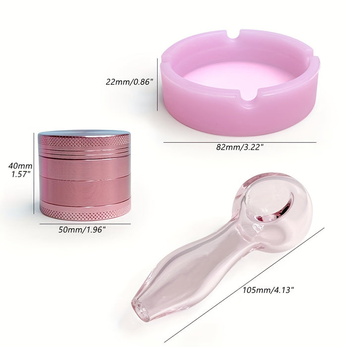 1 Set, Smoking Pipe Pink Set, Pink Manual Smoke Herb Grinder, Pink Glass Pipe, Pink Ashtray, Pipe Gift Set Pink Pipe Pink Bowl, Smoking Accessories