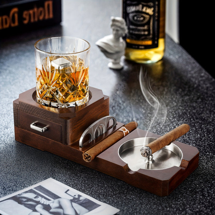 1pc Cigar Ashtray, Whiskey Glass Tray And Wooden Ashtray, Removable Outdoor Ashtray, Cigar Accessories Gift Set With Cigar Clippers, Great Decorations For Home Office, Cigar Gifts For Men