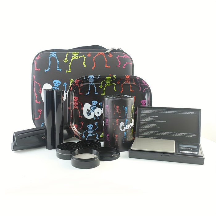 8pcs/set, Creative Pattern Smoking Set - Spice Grinder, Rolling Tray, Rolling Machine, Pre-rolled Cones Storage Tube, Storage Jar, Portable Storage Bag - Household Gadget, Christmas Gifts, Halloween Gifts