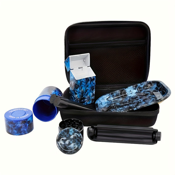8pcs/set, Blue Smoking Set - Spice Grinder, Rolling Tray, Rolling Machine, Pre-rolled Cones Storage Tube, Storage Case, Storage Jar, Portable Storage Bag - Household Gadget, Christmas Gifts, Halloween Gifts