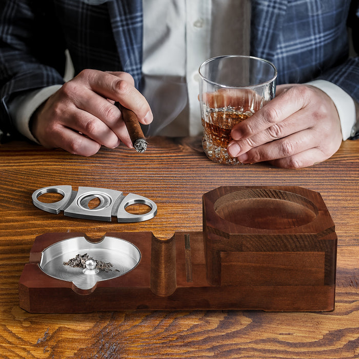 1pc Cigar Ashtray, Whiskey Glass Tray And Wooden Ashtray, Removable Outdoor Ashtray, Cigar Accessories Gift Set With Cigar Clippers, Great Decorations For Home Office, Cigar Gifts For Men