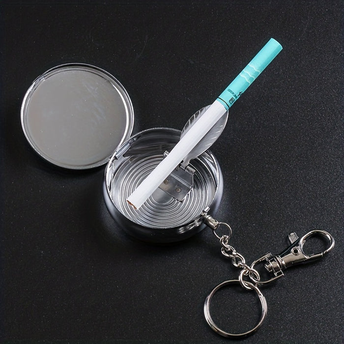 1pc, Portable Pocket Ashtray, Stainless Steel Circular Ashtray Key Chain With Cigarette Snuffer, Unique Ashtray Holder For Convenient Outdoor Use